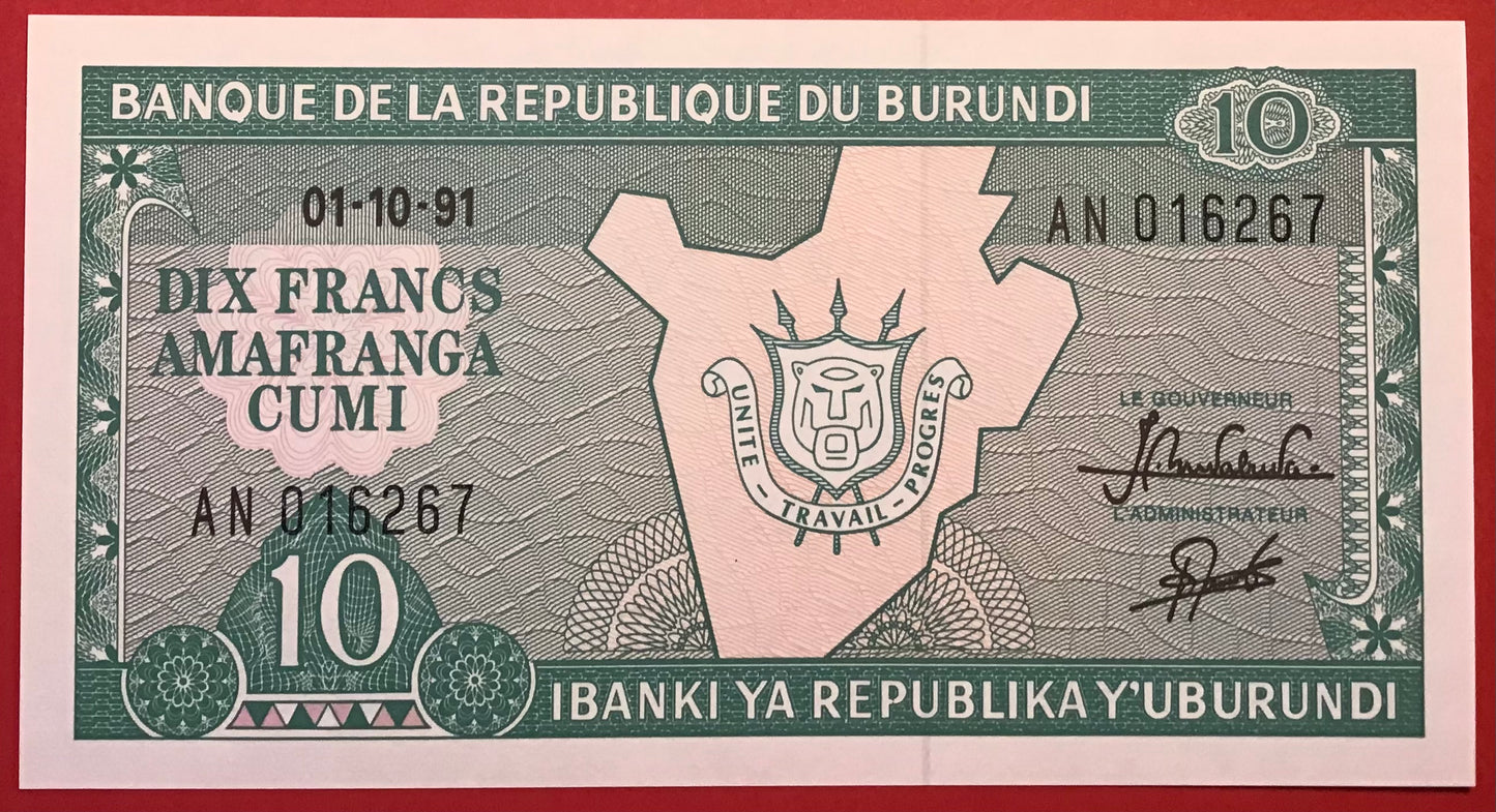 Burundi - 10 Francs 1.10.1991 P#33b Kvalitet 0
