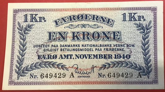 Færøerne - 1 Krone 1940 (750733A) Sieg#15 Kvalitet 01/0