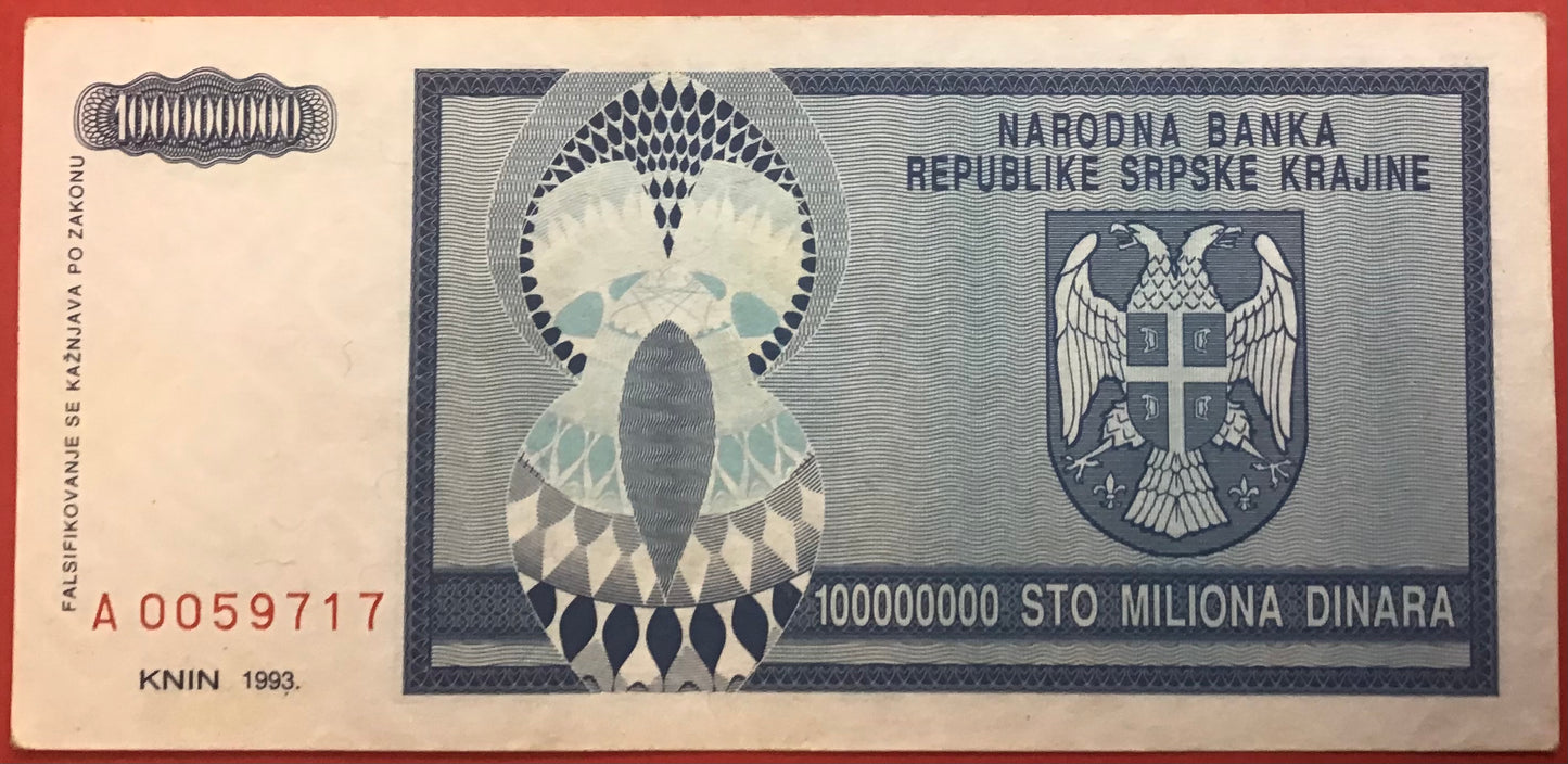 Croatia/Serbian Krajina - 100.000.000 Dinara 1993 P#15a Kvalitet 01