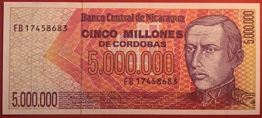 Nicaragua - 5 Million Córdoba (1990) P#165 Kvalitet 0