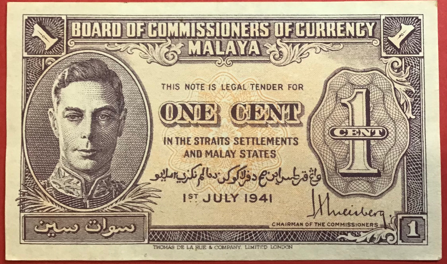 Malaya/Board Of Commissioners Of Currency - 1 Cent 1.7.1941 P#6 Kvalitet 01/0