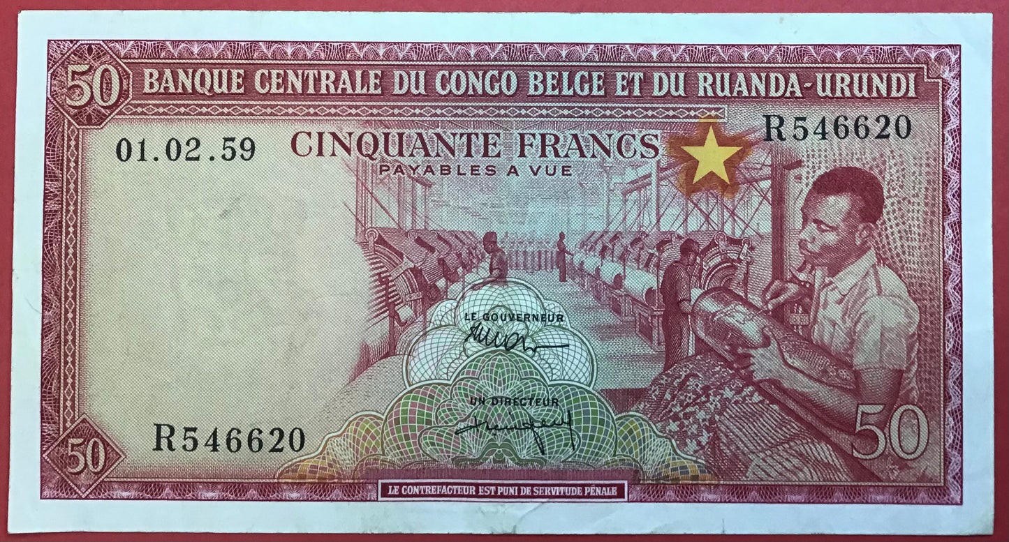 Belgian Congo - 50 Francs 1.2.1959 P#32 Kvalitet 1+