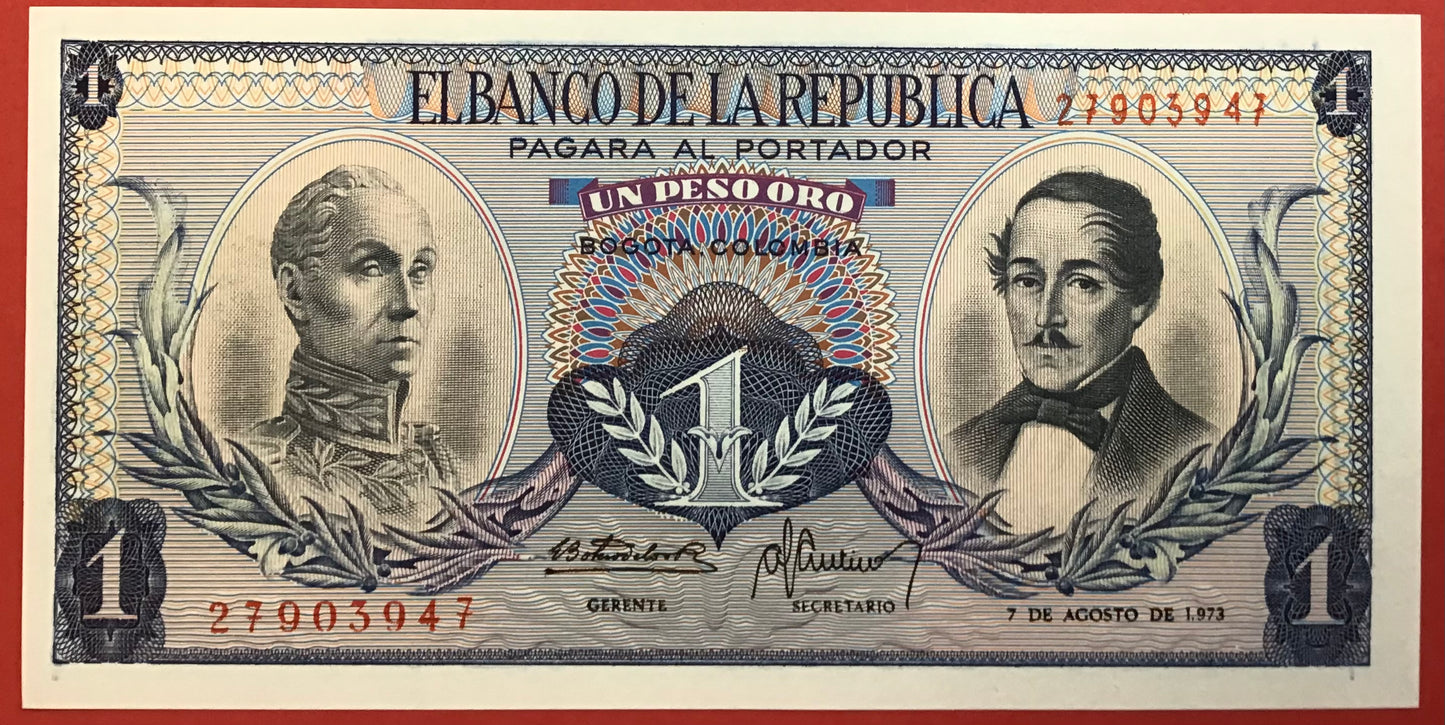 Colombia - 1 Peso Oro 7.8.1973 P#404e Kvalitet 0