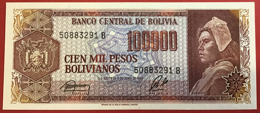 Bolivia - 100.000 Pesos Bolivianos 5.6.1984 P#171a Kvalitet 0