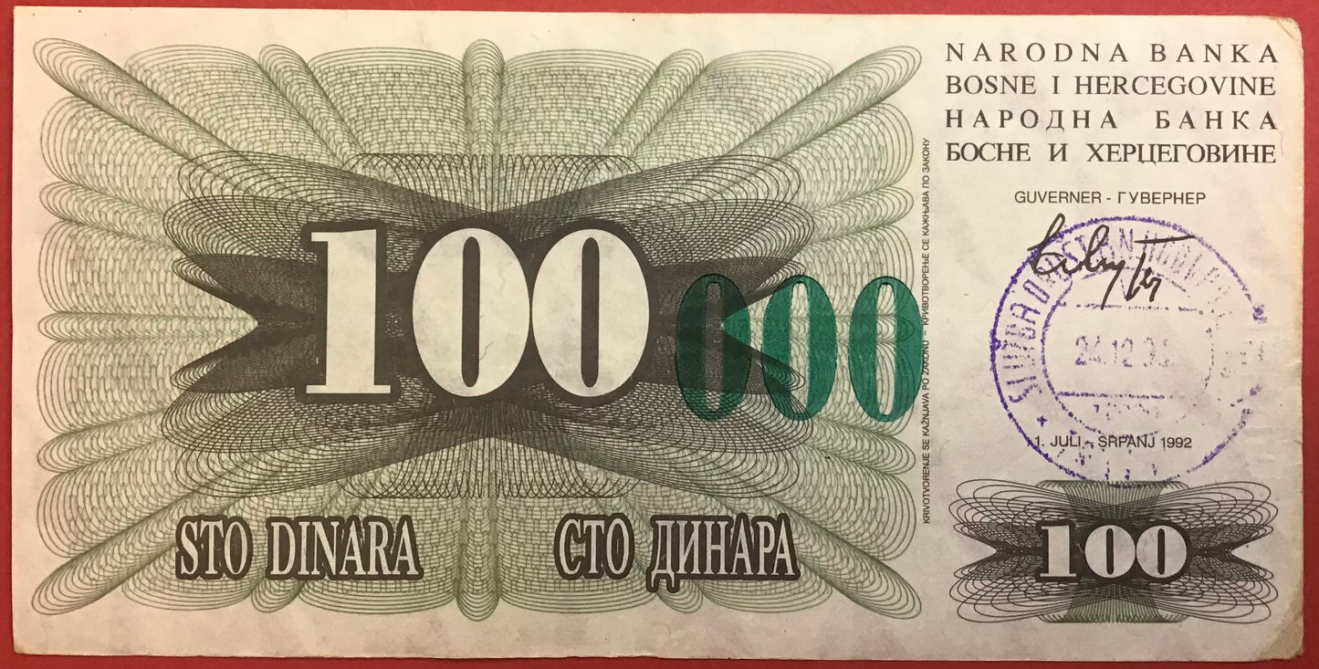 Bosnia-Herzegovina - 100.000 Dinara 1993 *Sarajevo* P#56i Kvalitet 1+