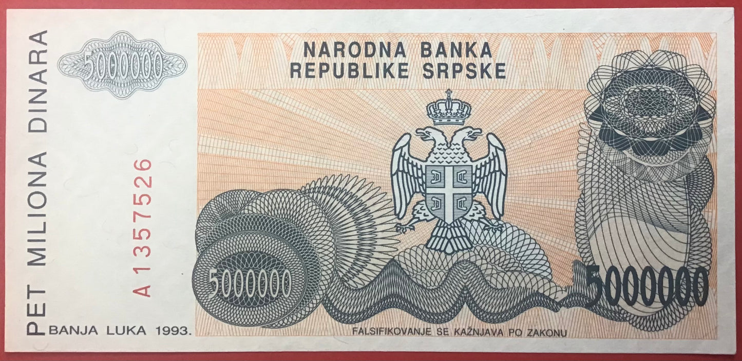 Bosnia-Herzegovina/Serbia Republic - 5.000.000 Dinara 1993 P#156a Kvalitet 01/0