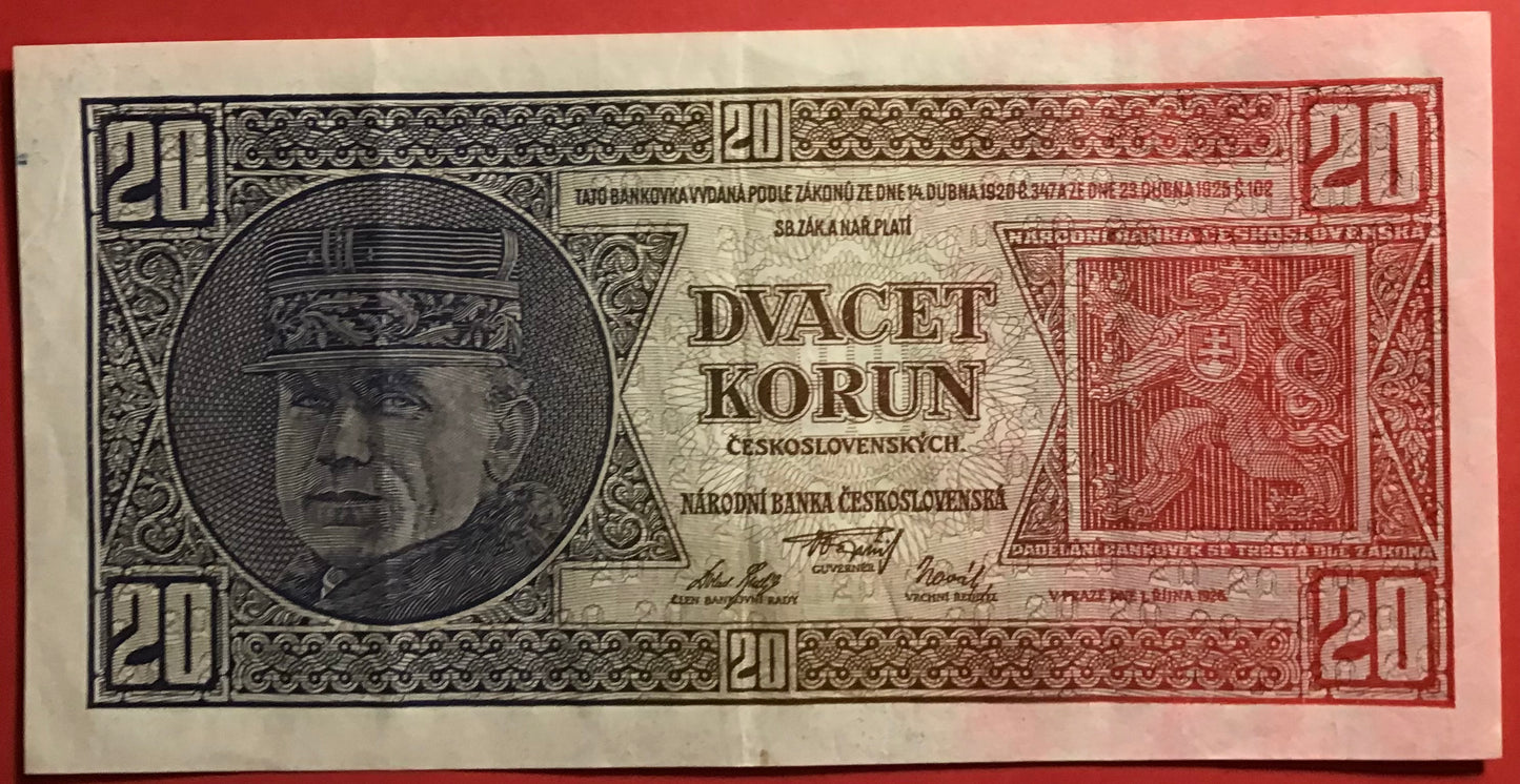 Czechoslovakia - 20 Korun 1.10.1926 P#21a Kvalitet 1+