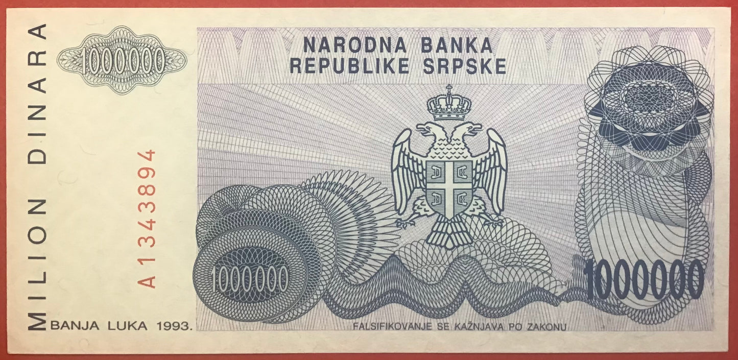 Bosnia-Herzegovina/Serbia Republic - 1.000.000 Dinara 1993 P#155a Kvalitet 01/0