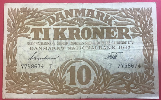 Danmark - 10 Kroner 1943 (T 7758674) Sieg#105 Kvalitet 1/1+