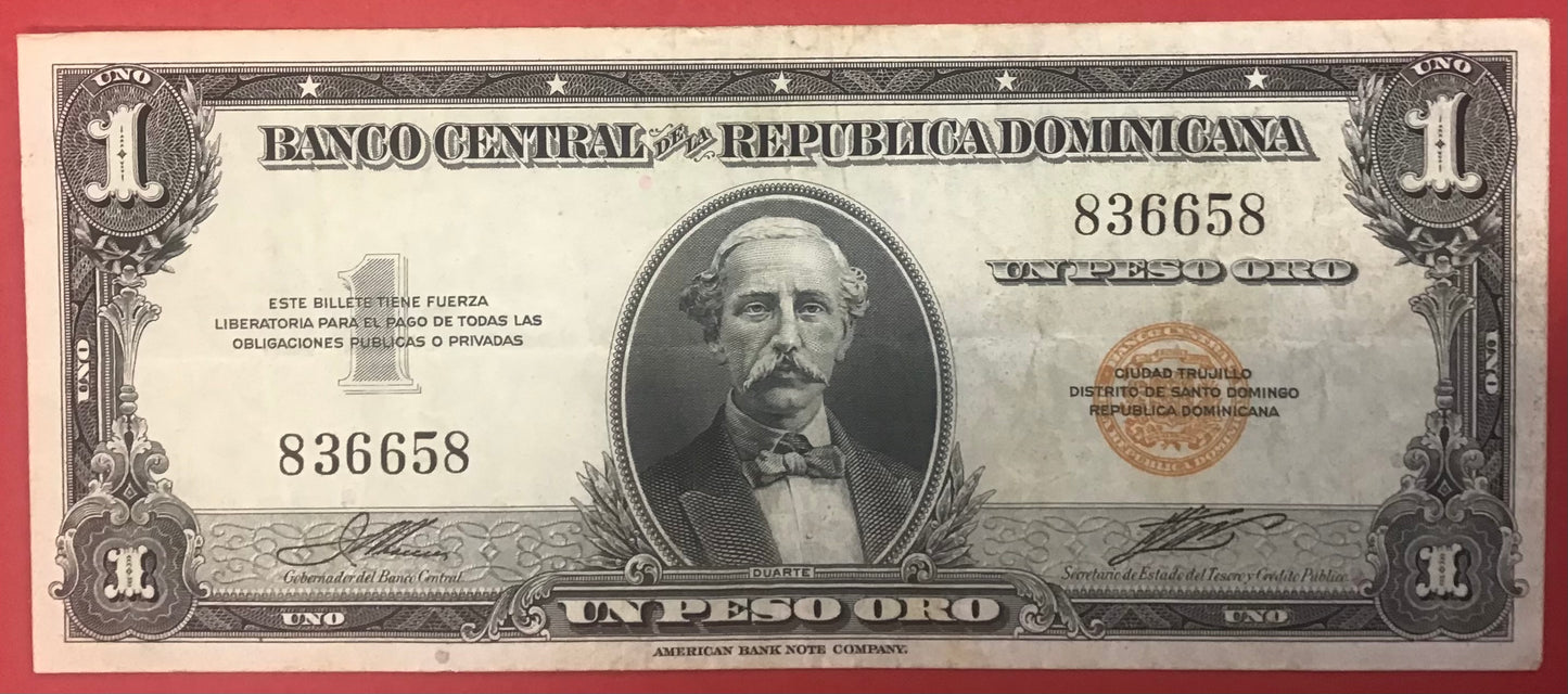 Dominican Republic - 1 Peso Oro (1947) P#60a Kvalitet 1+