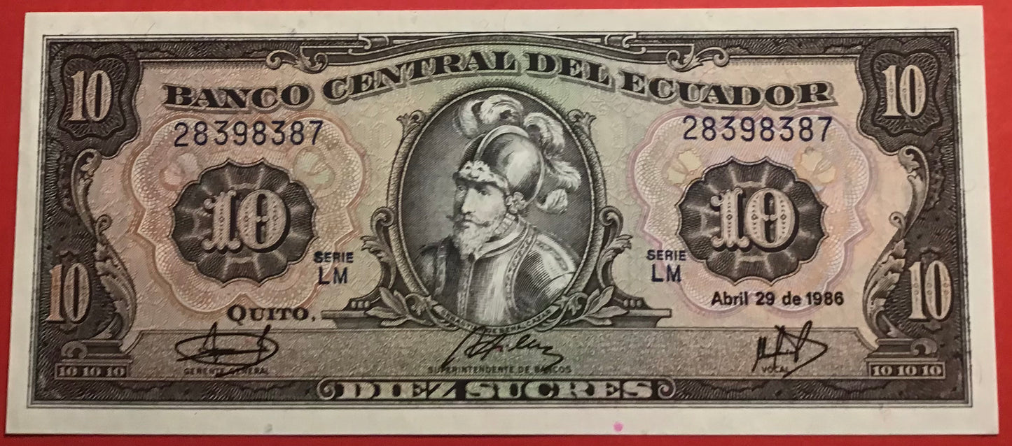 Ecuador - 10 Sucres 29.4.1986 P#121 Kvalitet 0