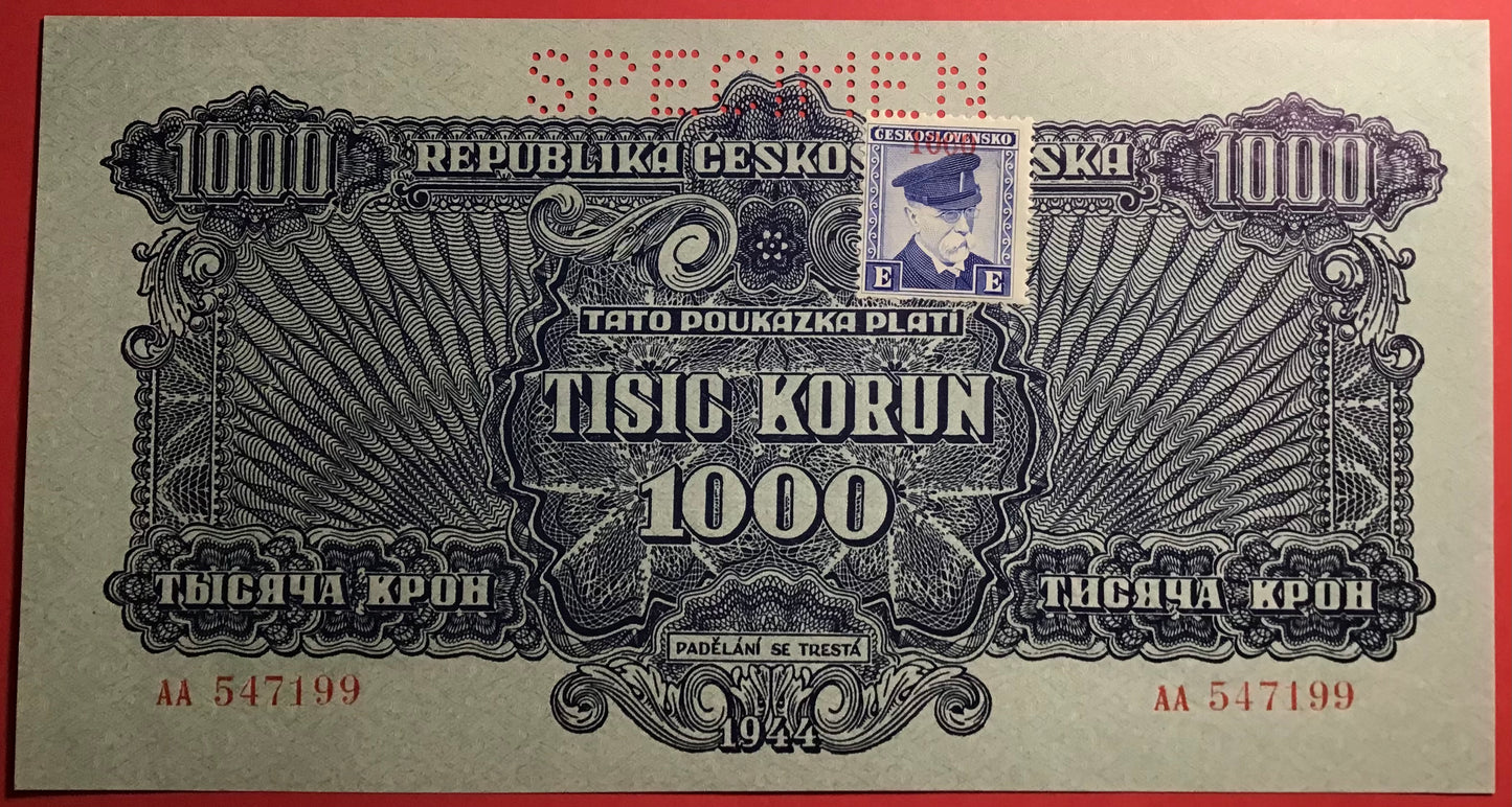Czechoslovakia - 1000 Korun (1945 - Old date 1944) P#57s *Specimen* Kvalitet 0