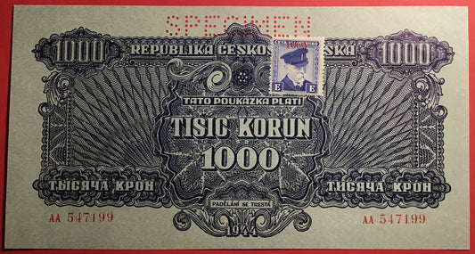 Czechoslovakia - 1000 Korun (1945 - Old date 1944) P#57s *Specimen* Kvalitet 0