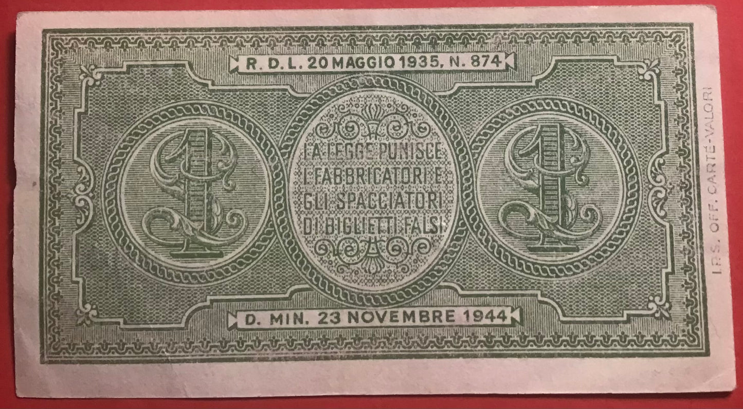 Italy - 1 Lira 23.11.1944 P#29b Kvalitet 1+