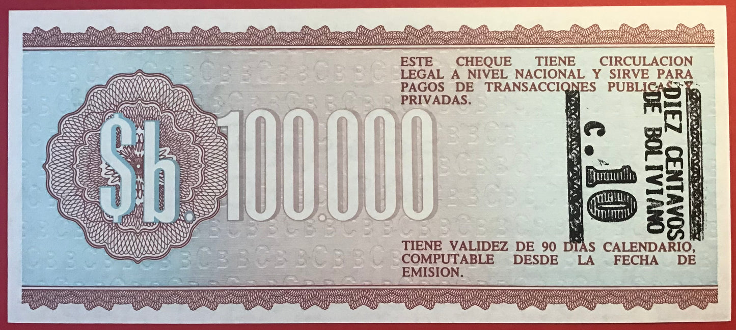 Bolivia - 10 Centavos on 100.000 Pesos Bolivianos (1987) P#197 Kvalitet 0