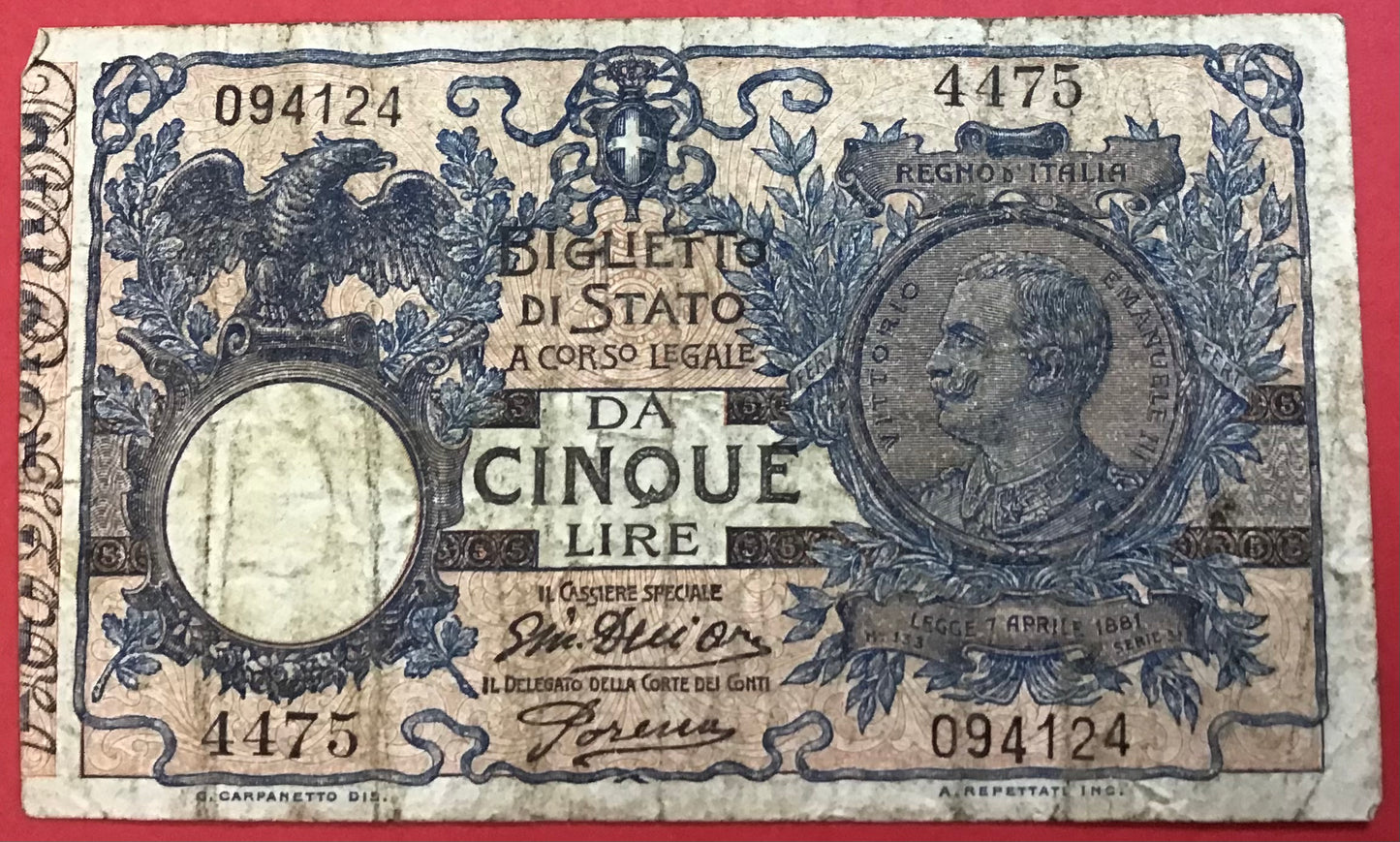 Italy - 5 Lire 14.10.1917 P#23e Kvalitet 1