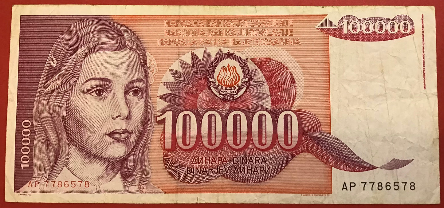Yugoslavia - 100.000 Dinara 1.5.1989 P#97 Kvalitet 1/1+