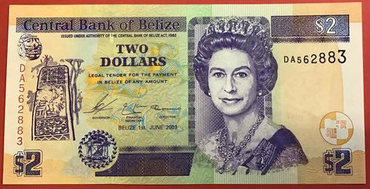 Belize - 2 Dollars 1.6.2003 P#66a Kvalitet 0