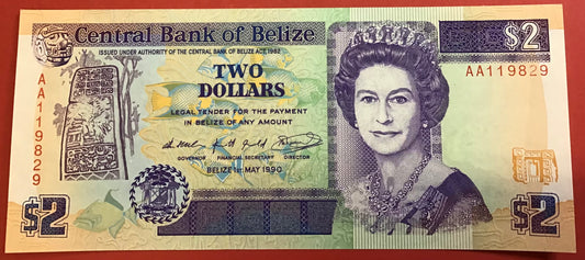 Belize - 2 Dollars 1.5.1990 P#52a Kvalitet 0