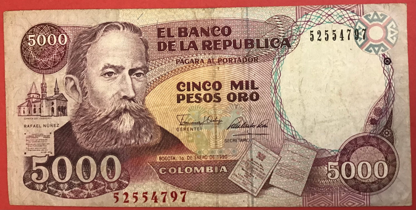 Colombia - 5000 Pesos Oro 1.1.1990 P#436 Kvalitet 1