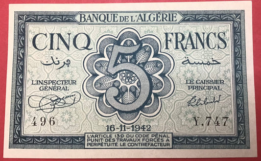 Algeria - 5 Francs 16.11.1942 P#91 Kvalitet 01/0