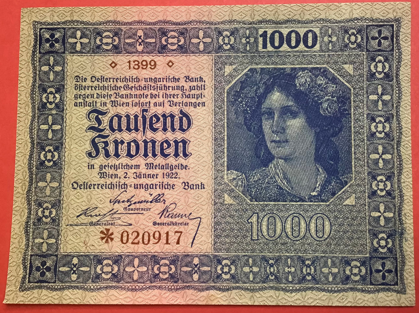 Austria - 1000 Kronen 2.1.1922 P#78 Kvalitet 01