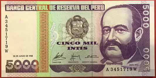Peru - 5000 Intis 28.6.1988 P#137 Kvalitet 0