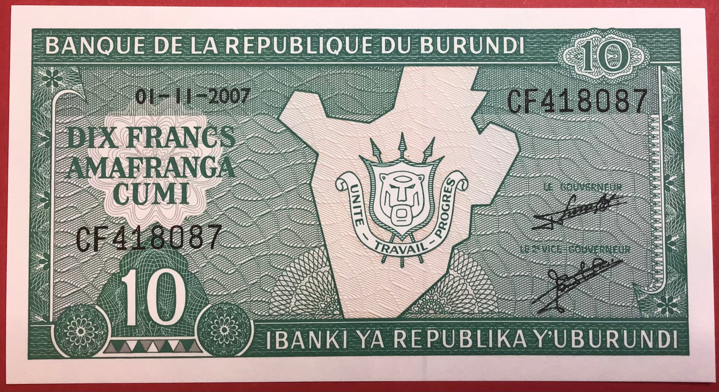Burundi - 10 Francs 1.11.2007 P#33e Kvalitet 0
