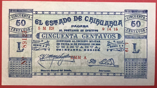 Mexico/Estado De Chihuahua - 50 Centavos 10.2.1914 P#S527a Kvalitet 01