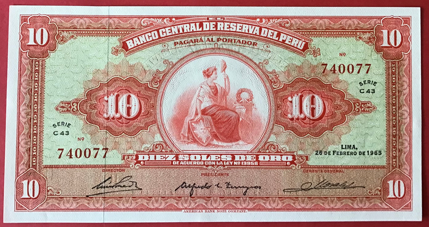 Peru - 10 Soles de Oro 26.2.1965 P#88 Kvalitet 0