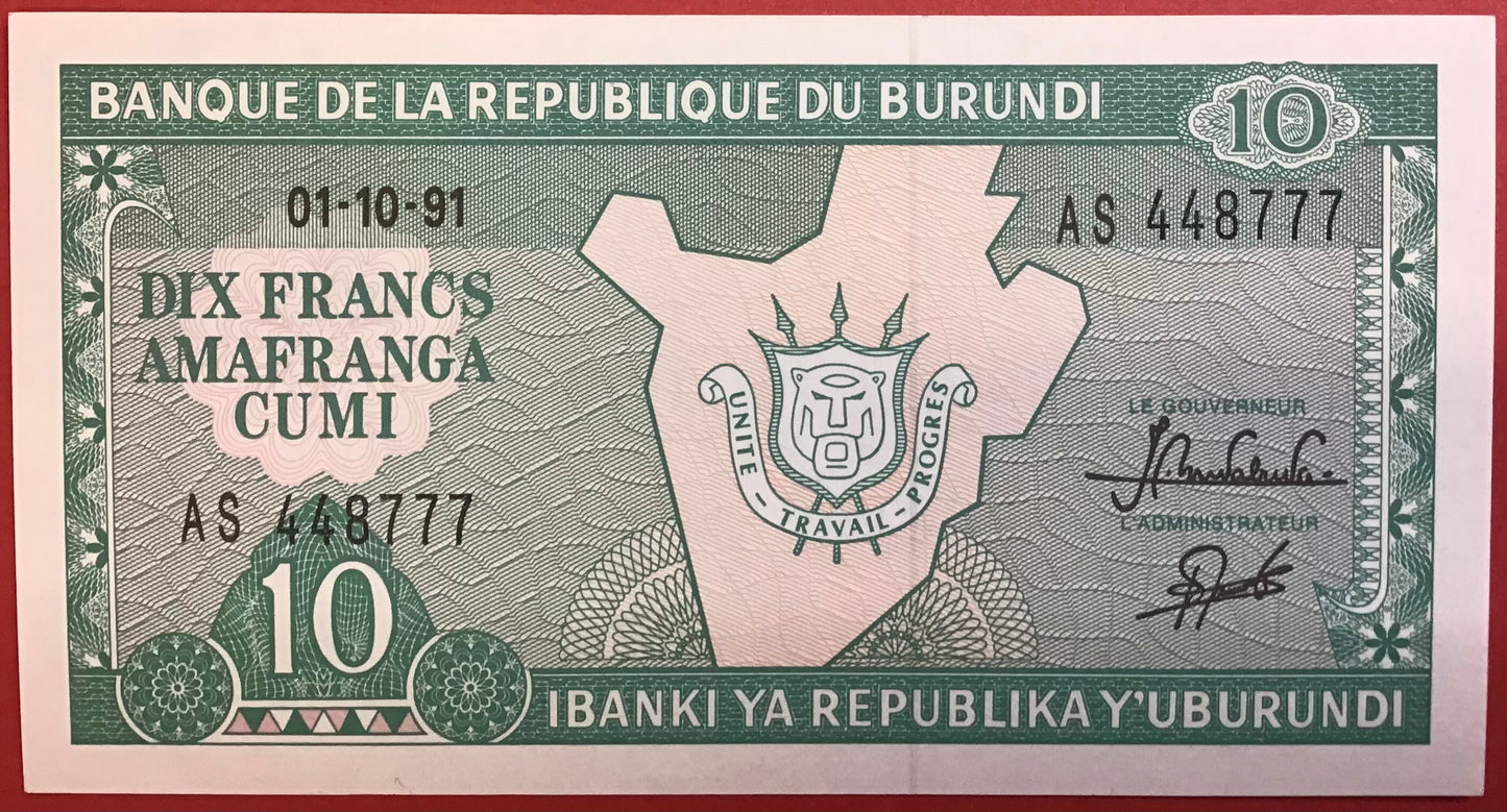 Burundi - 10 Francs 01.10.91 P#33b Kvalitet 0
