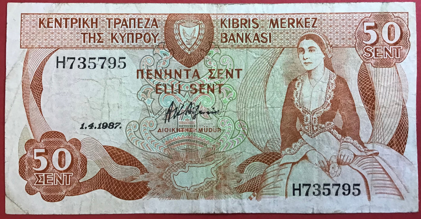 Cyprus - 50 Cents 1.4.1987 P#52 Kvalitet 1/1+
