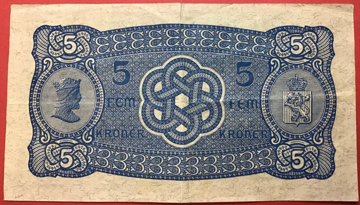 Norway - 5 Kroner 1939 P#7c Kvalitet 1/1+