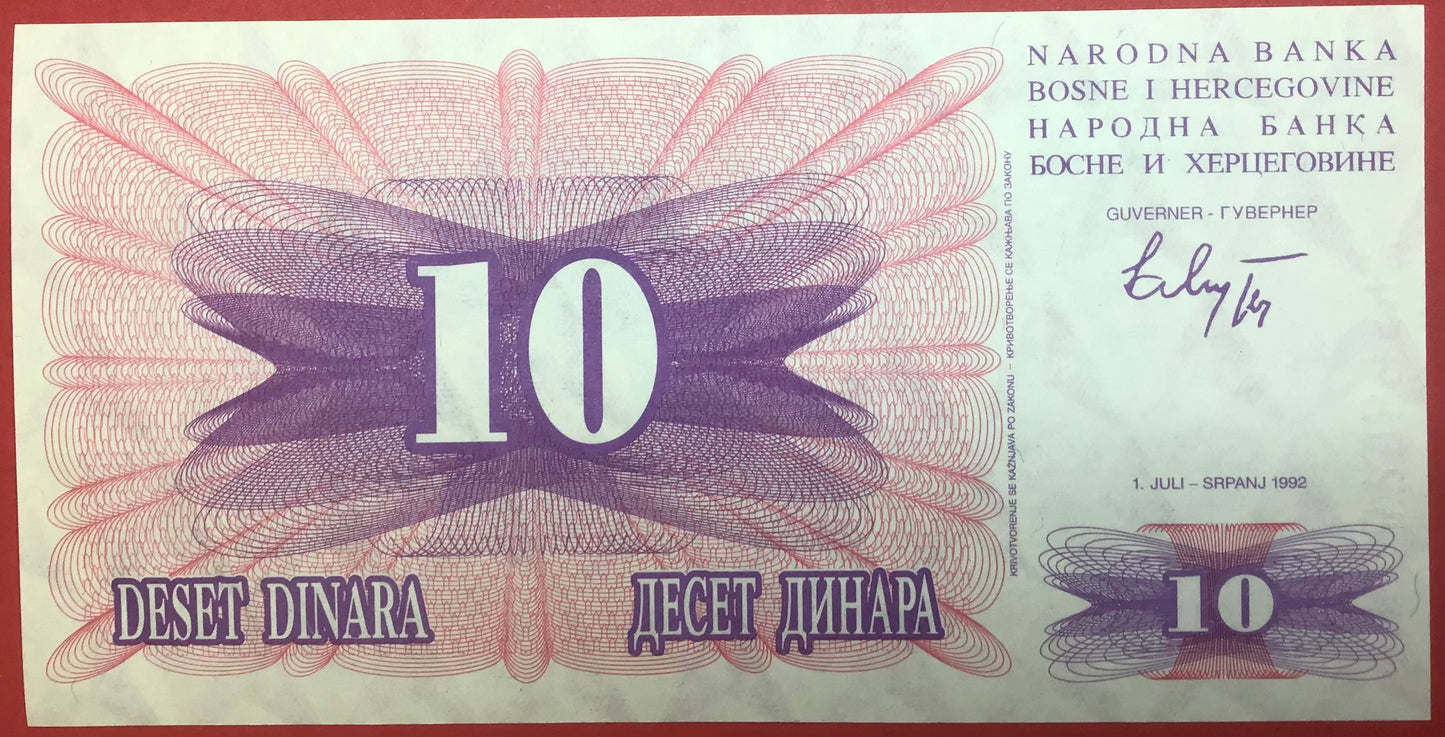 Bosnia-Herzegovina - 10 Dinara 1.7.1992 P#10a Kvalitet 0