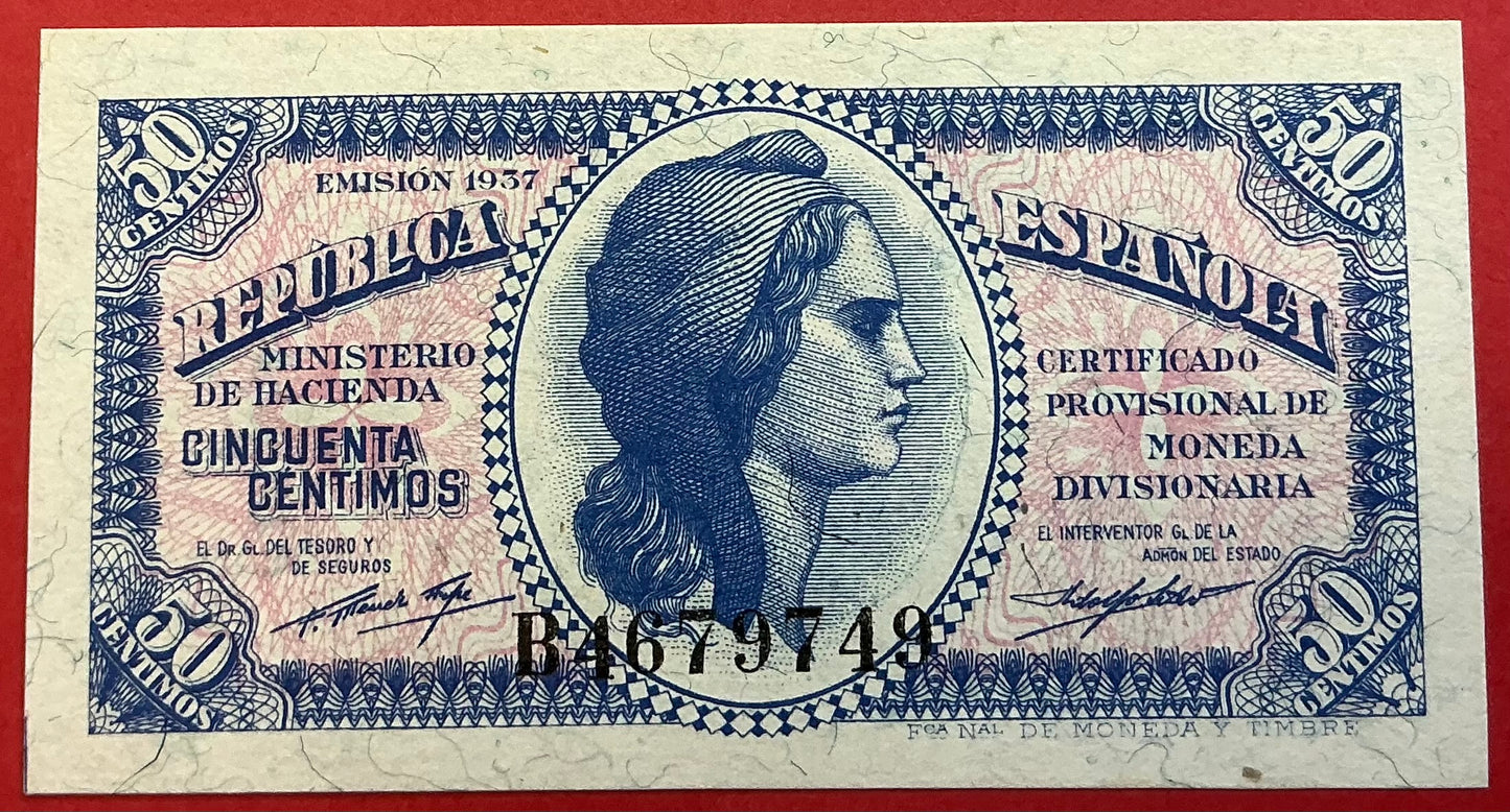 Spain - 50 Centimos 1937 P#93 Kvalitet 01/0