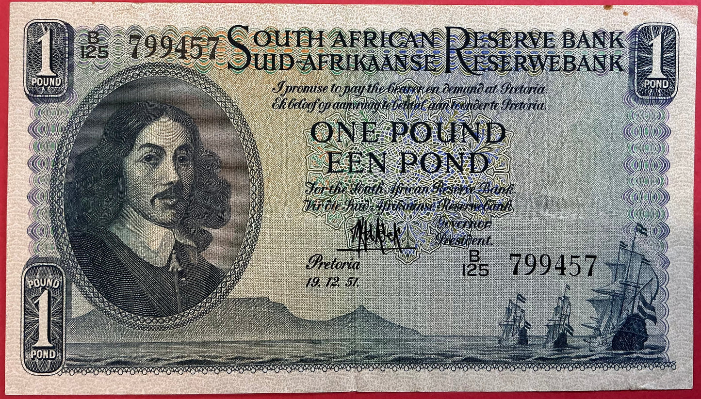 South Africa - 1 Pound 19.12.1951 P#92d Kvalitet 1+