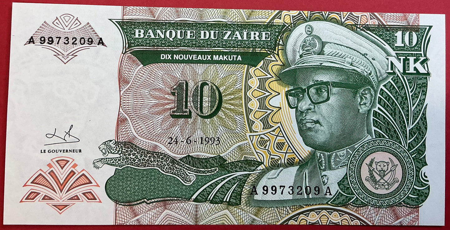 Zaïre - 10 Nouveaux Makuta 24.6.1993 P#49 Kvalitet 0
