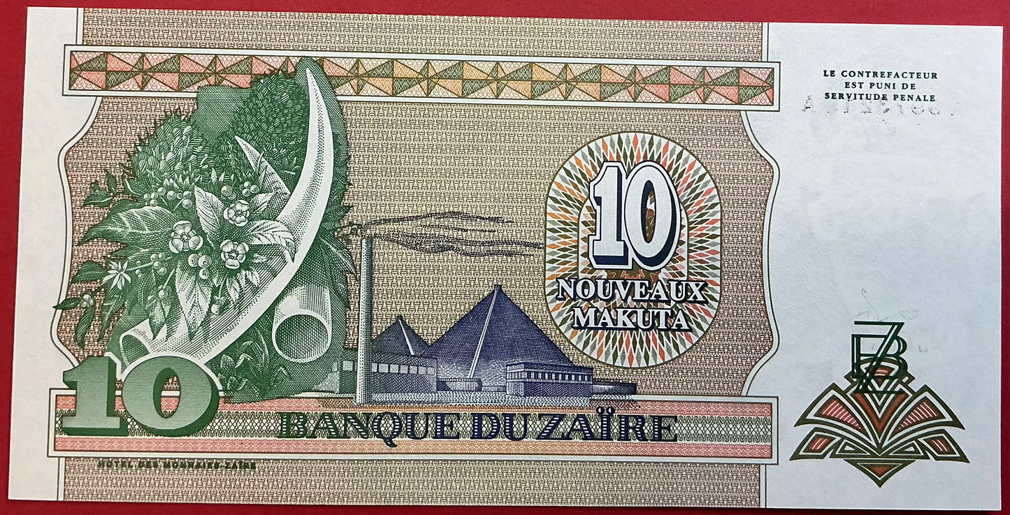 Zaïre - 10 Nouveaux Makuta 24.6.1993 P#49 Kvalitet 0