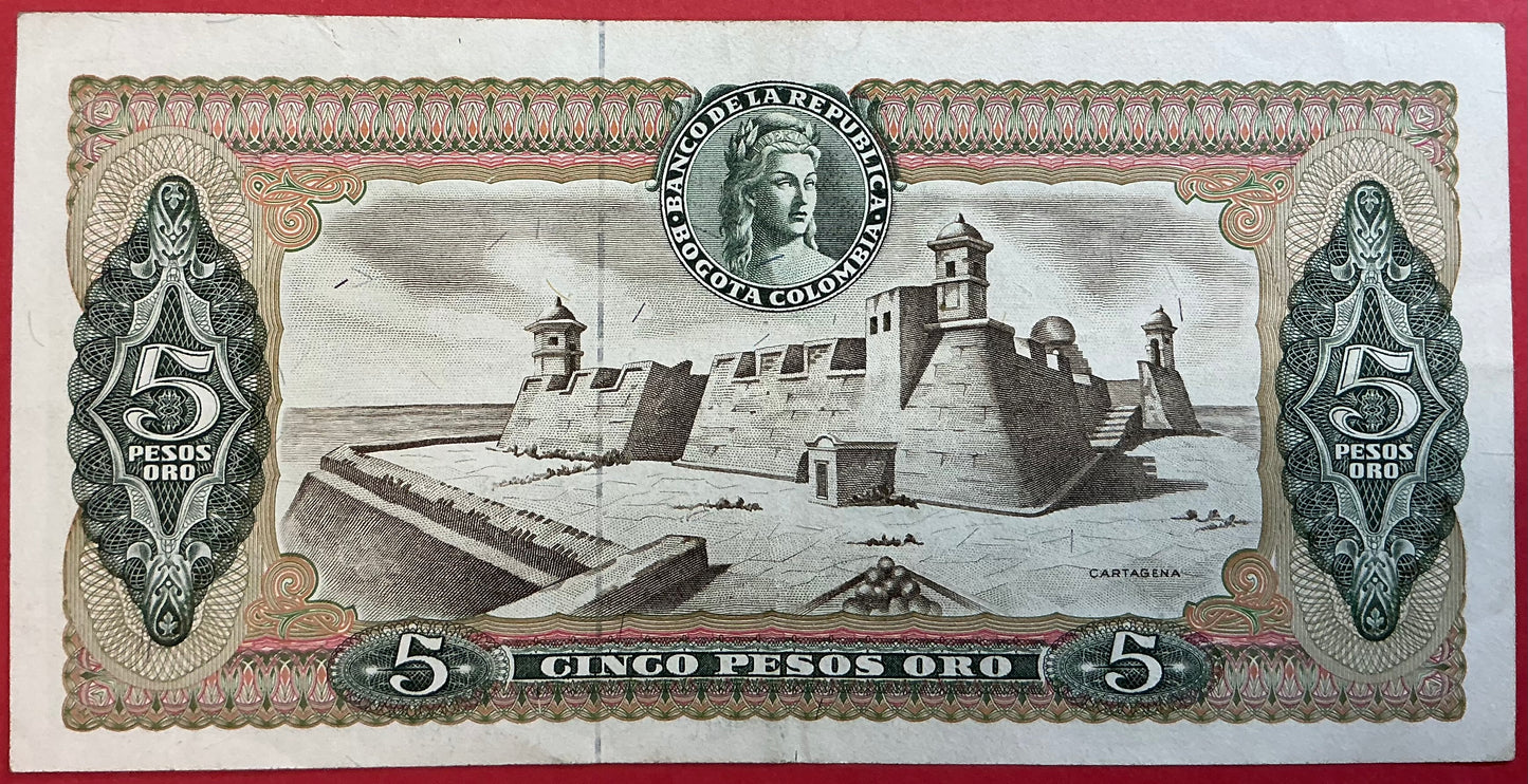 Colombia - 5 Pesos Oro 11.11.1965 P#406b Kvalitet 1+