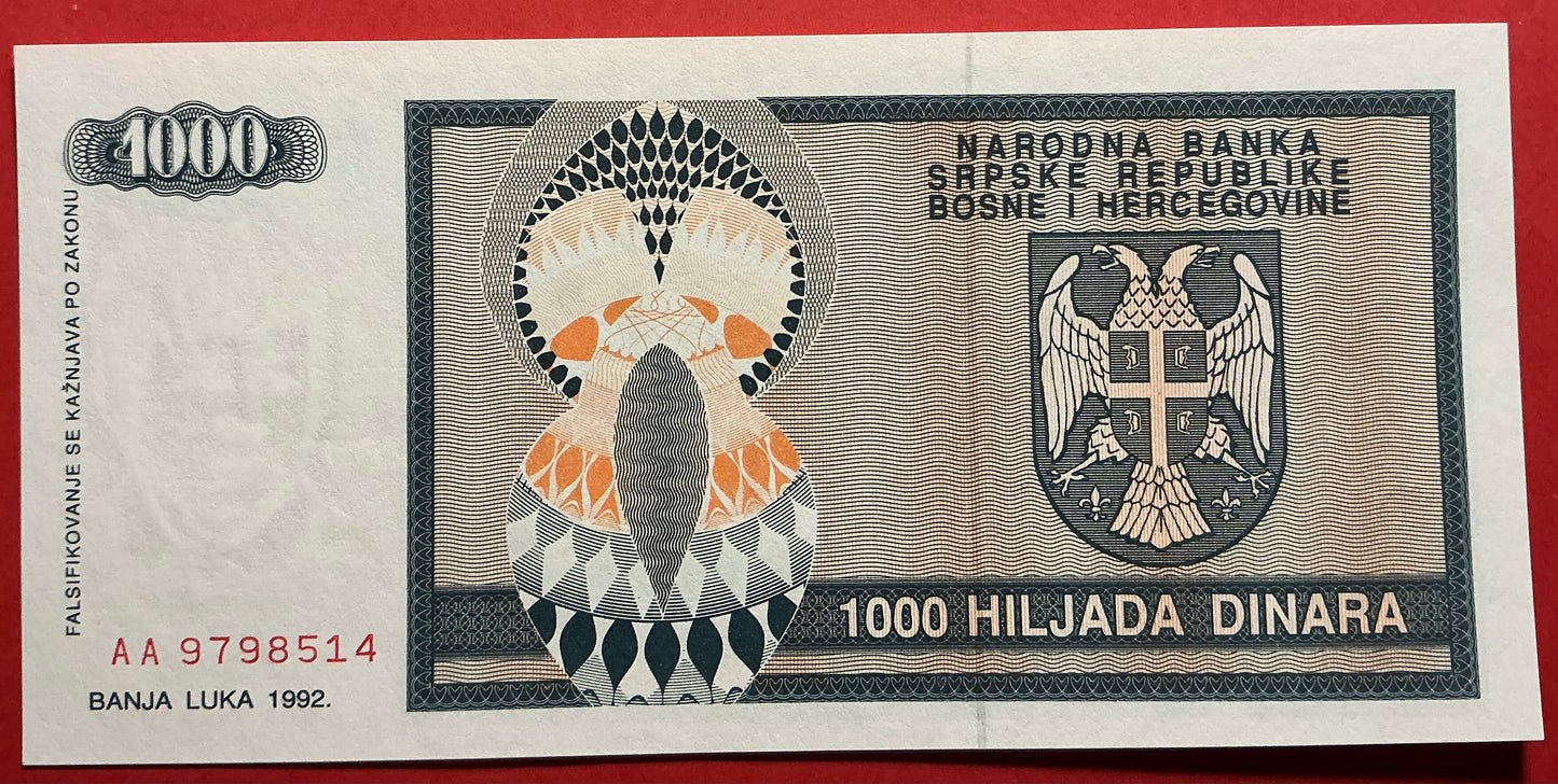 Bosnia Herzegovina/SRPSKA Republic - 1000 Dinara 1992 P#137a Kvalitet 0