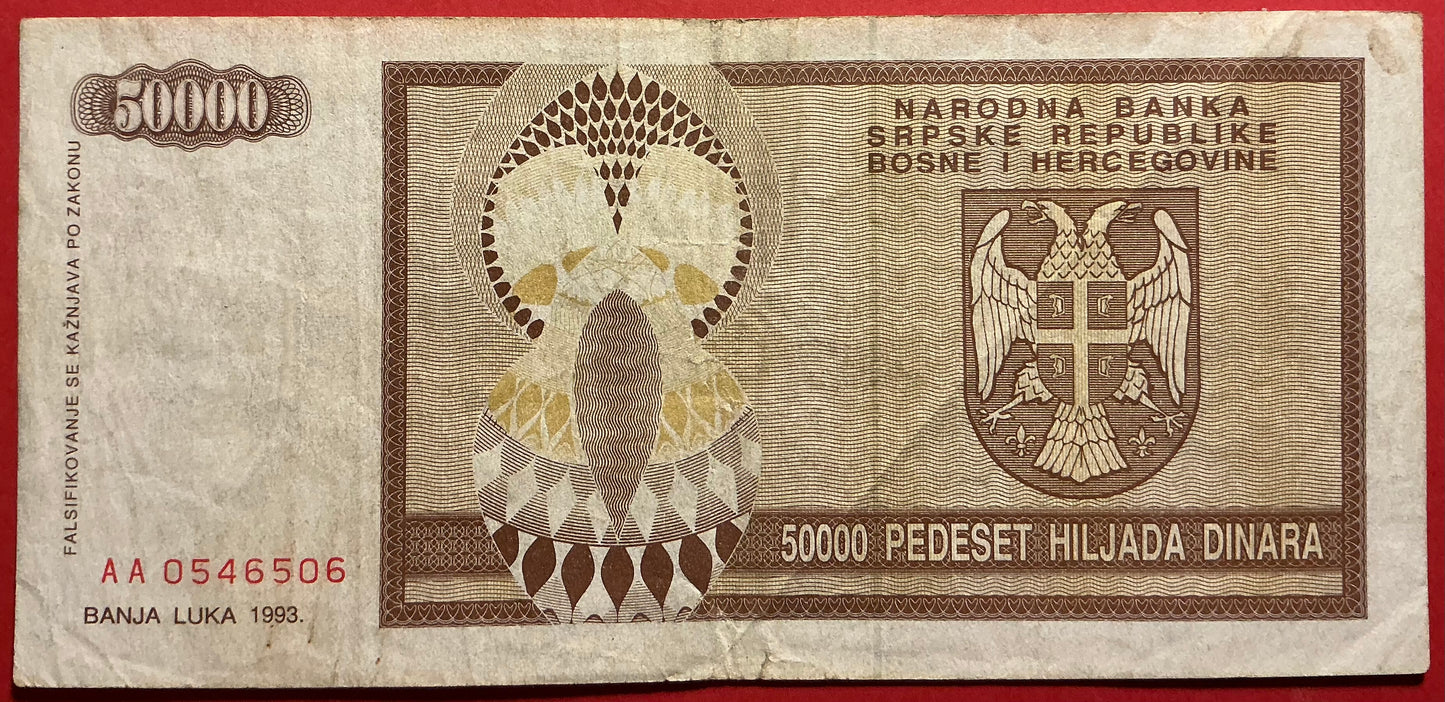 Bosnia Herzegovina/SRPSKA Republic - 50.000 Dinara 1993 P#140a Kvalitet 1