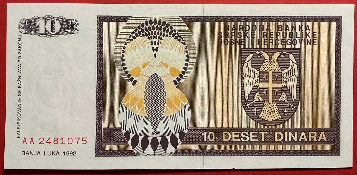 Bosnia Herzegovina/SRPSKA Republic - 10 Dinara 1992 P#133a Kvalitet 0