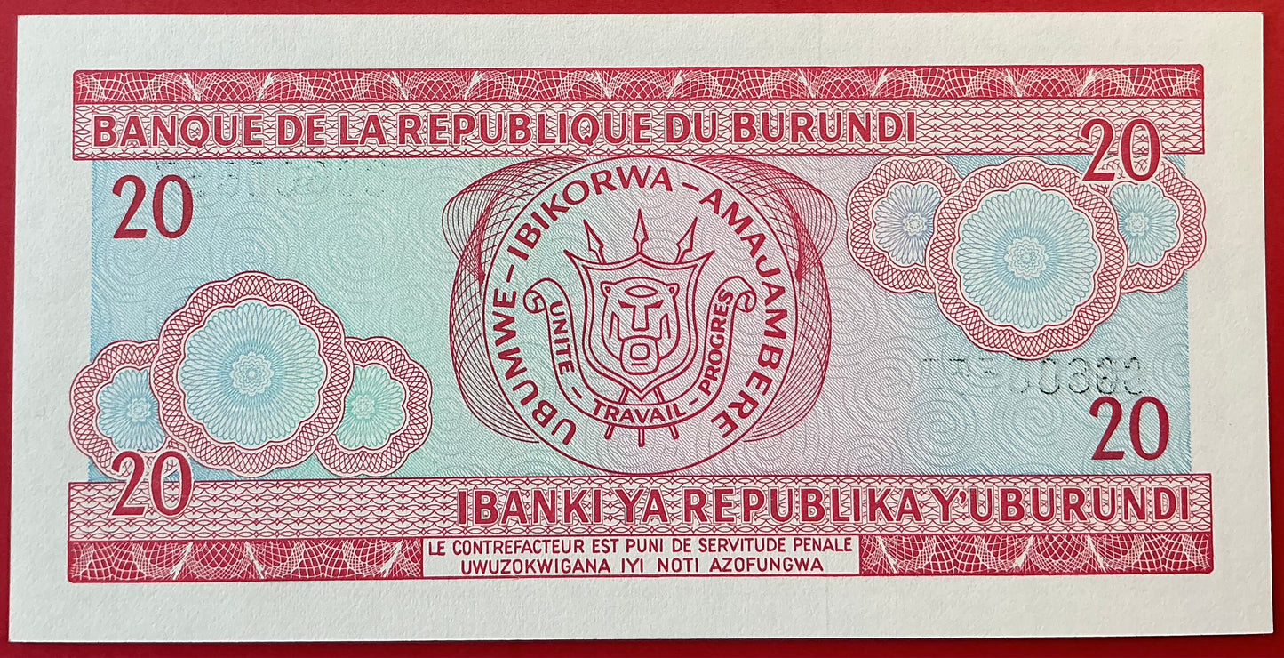 Burundi - 20 Francs 25.5.1995 P#27d Kvalitet 0