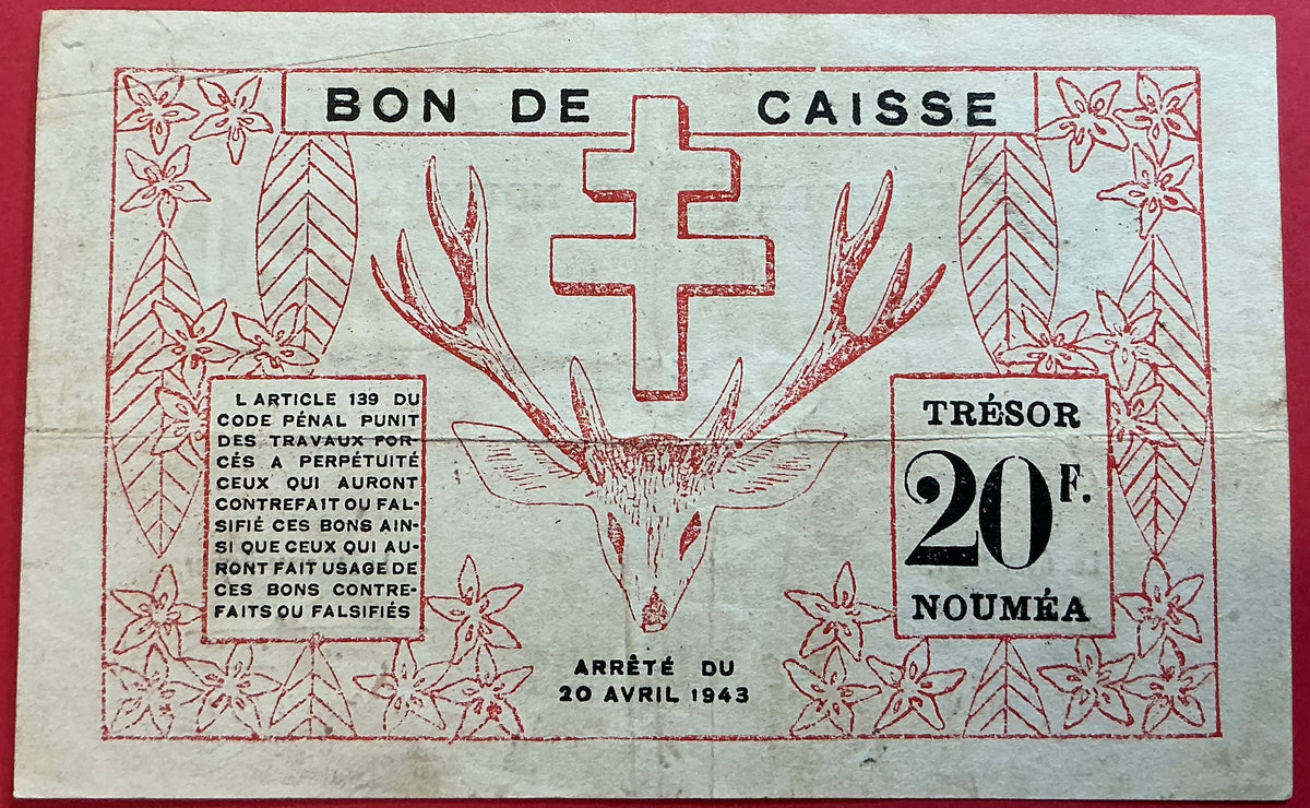 New Caledonia - 20 Francs 30.4.1943 P#57a Kvalitet 1+