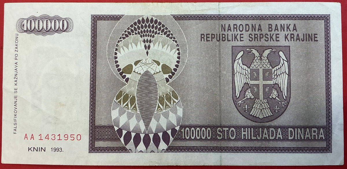 Croatia/Serbian Krajina - 100.000 Dinara 1993 P#R9a Kvalitet 1+