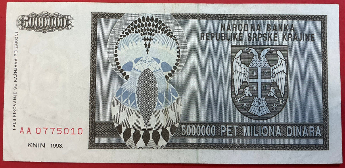 Croatia/Serbian Krajina - 5.000.000 Dinara 1993 P#R11a Kvalitet 1+