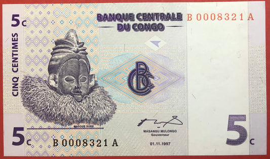 Congo Democratic Republic - 5 Centimes 1.11.1997 P#81a Kvalitet 0