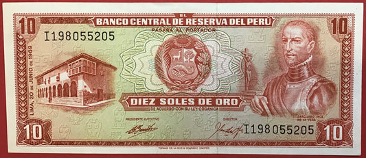 Peru - 10 Soles de Oro 20.6.1969 P#100a Kvalitet 01/0