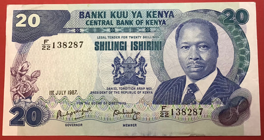 Kenya - 20 Shillings 1.7.1987 P#21f Kvalitet 1+