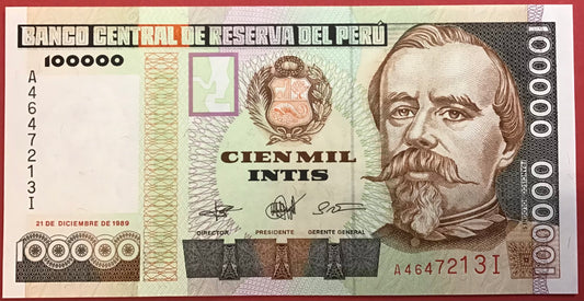 Peru - 100.000 Intis 21.12.1989 P#145 Kvalitet 0